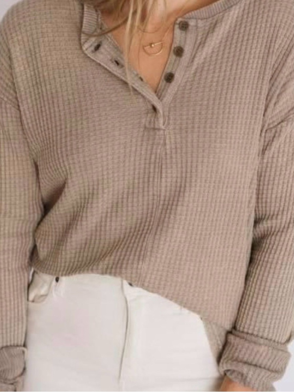 Carly Jean Los Angeles Taupe Waffle Henley Sweatshirt